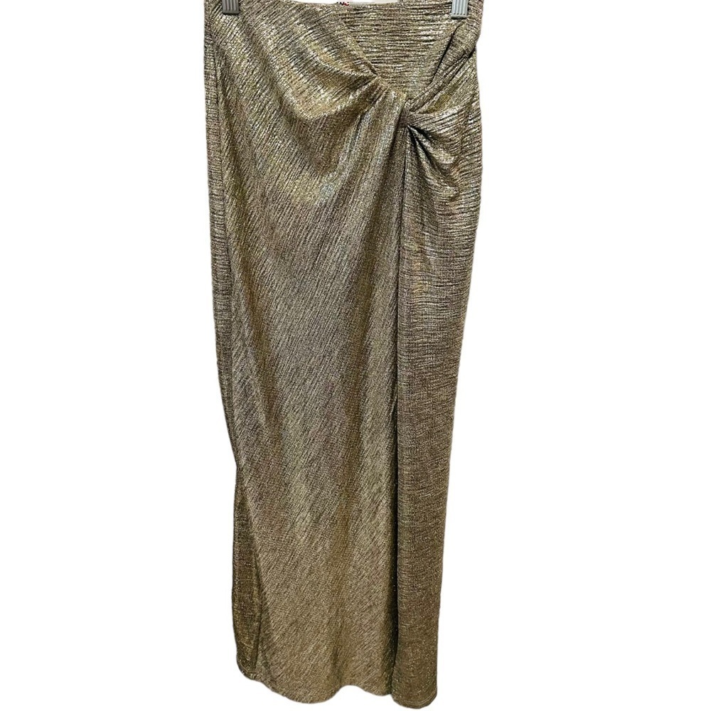 SIGNIFICANT OTHER Metallic Gold Twist Front Midi Skirt | Y2K 90s Party Glam - Picture 2 of 9